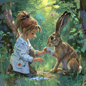 malá doktorka ošetruje labku zranenému zajacovi